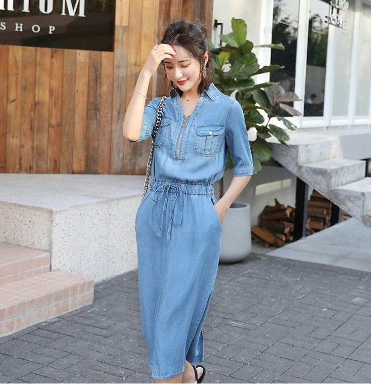 ĐẦM JEAN XÒE CỔ SƠ MI EO THUN